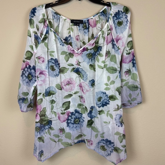 Karen Kane Ivory with Blue/Pink/Green Floral Accents Sheer Peasant Top; Size 1X - Picture 1 of 10